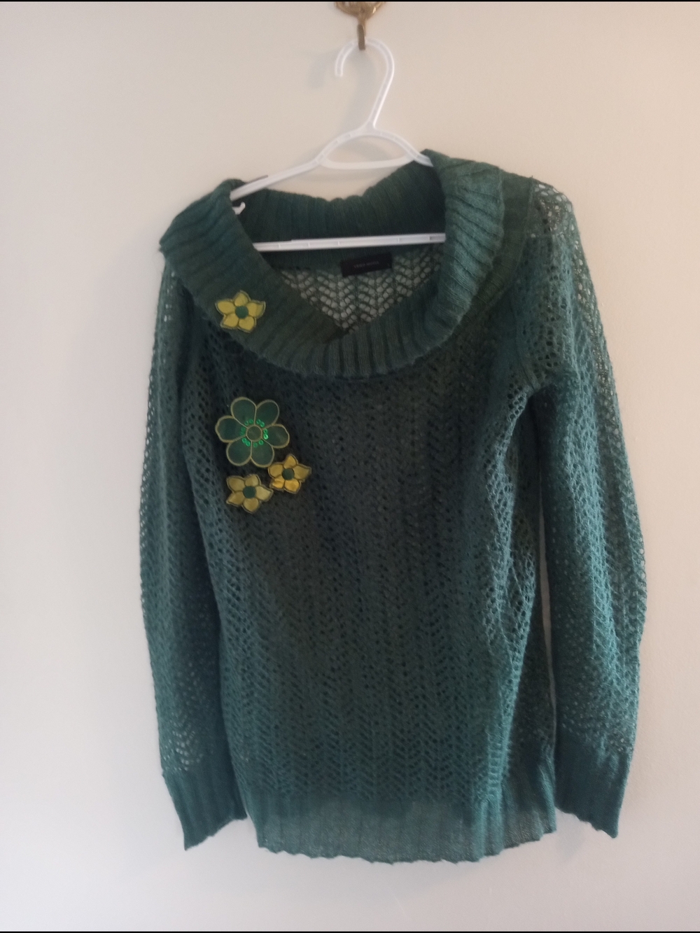 Vero Moda Dark Green Open-Knit Cowlneck Sweater with Yellow Flower Accents